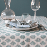 Green Blue Lotus Hand Block Printed Cotton Tablecloth