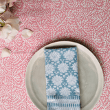 table cloth, block print tablecloth, napkins, hand printed, pink tablecloth