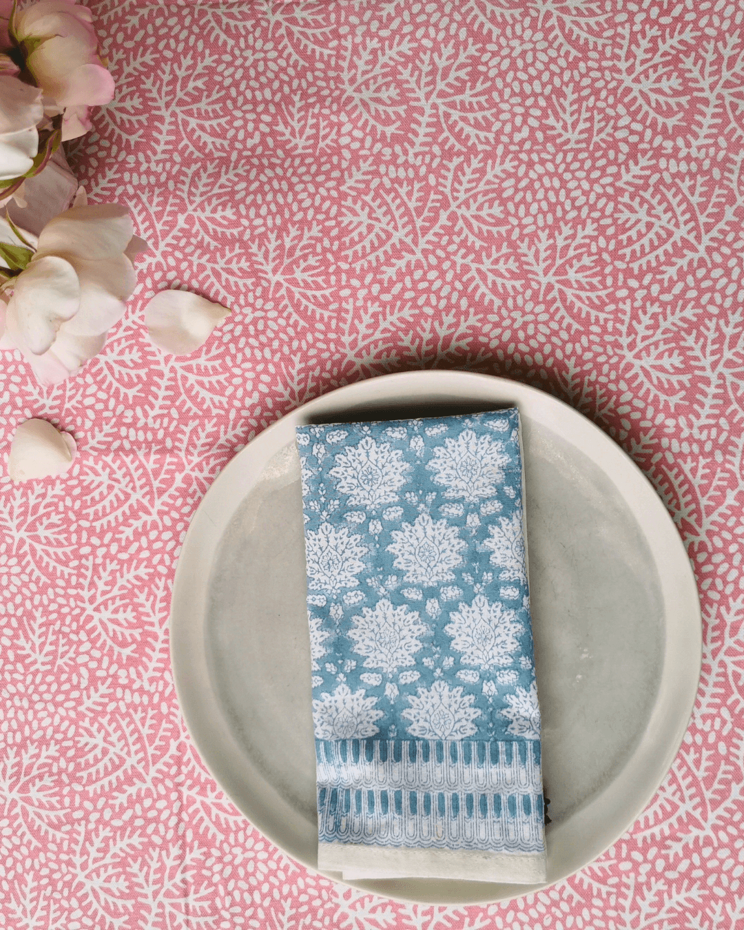 table cloth, block print tablecloth, napkins, hand printed, pink tablecloth