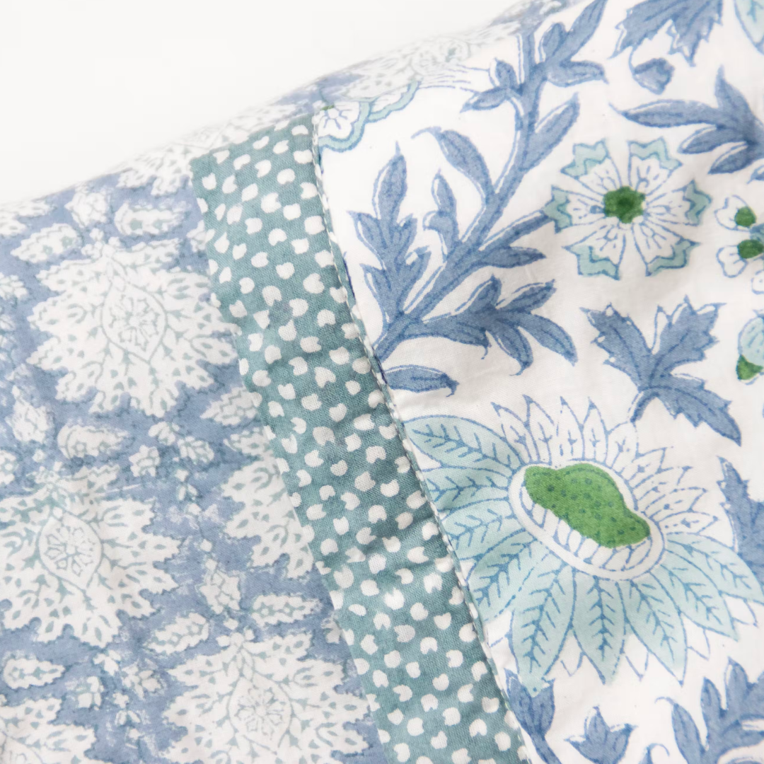 quilted bedspread, blue quilt, hand blocked quilt, oka