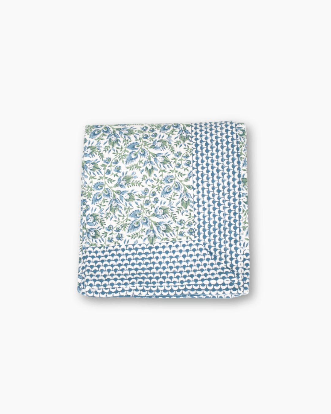 cotton block print blue green and white floral tablecloth very good quality