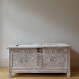 Lime Washed Carved Oak Blanket Box