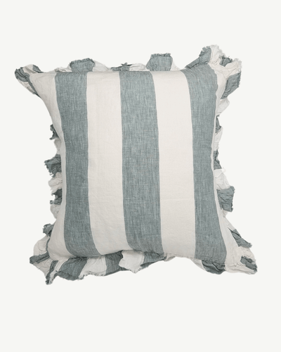 ruffle cushion, frill cushion, linen cushion, striped cushion, green cushion, blue cushion, teal cushion