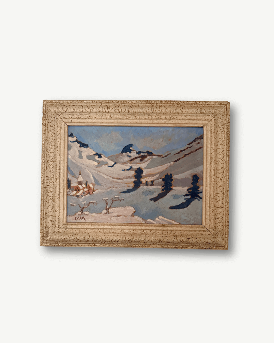 vintage French painting, alpine landscape, snow mountain, vintage oil painting, antique oil painting, rustic French decor, framed wall art, The Old and New Company, ski chalet decor
