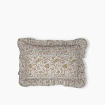 A rectangular decorative pillow with a ruffled edge, featuring a hand block printed floral and paisley pattern in muted brown, beige, and dusty pink on a light off white background.