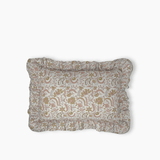 A rectangular decorative pillow with a ruffled edge, featuring a hand block printed floral and paisley pattern in muted brown, beige, and dusty pink on a light off white background.