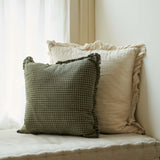 Olive Green Check Cotton Ruffle Cushion