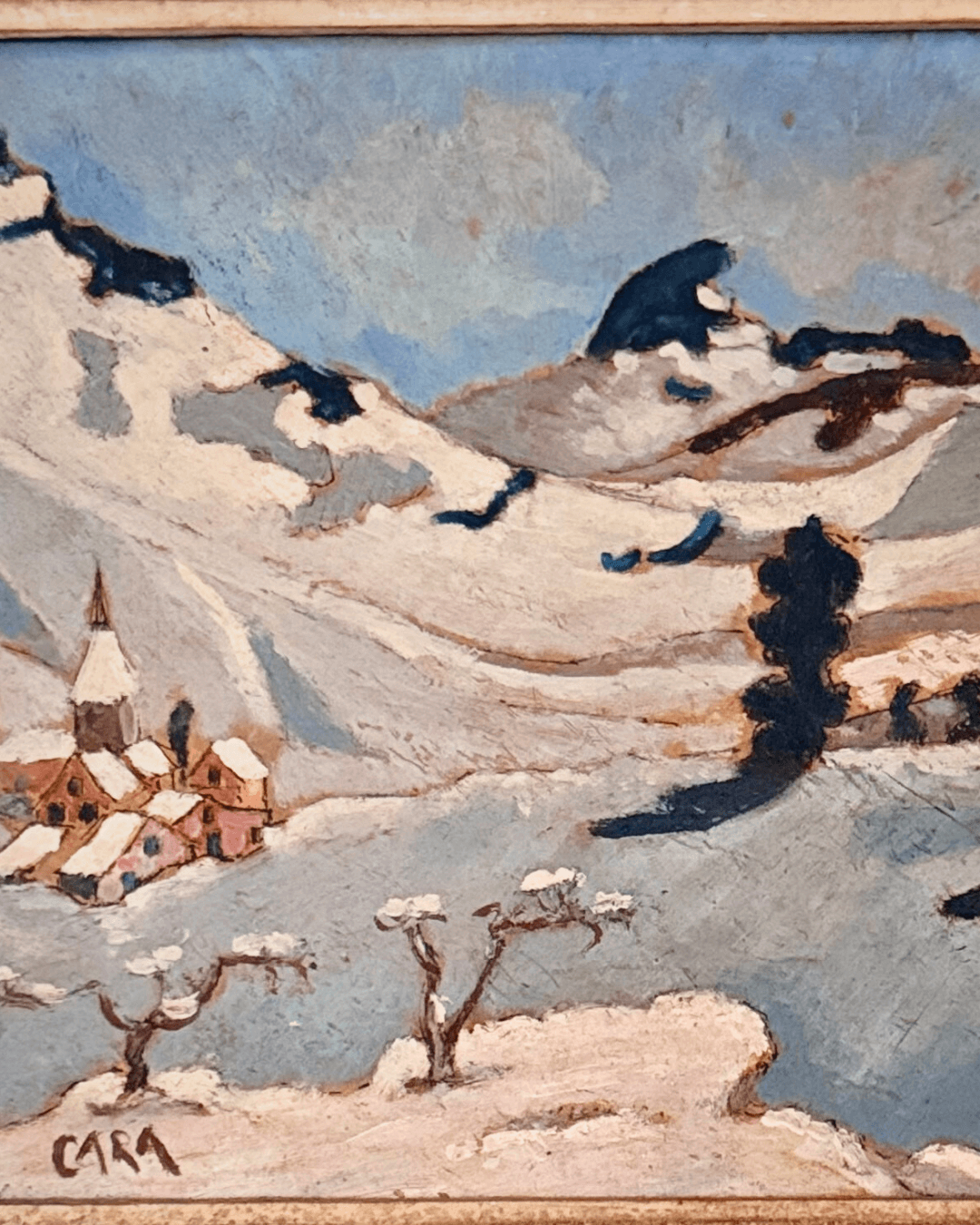 vintage French painting, alpine landscape, snow mountain, vintage oil painting, antique oil painting, rustic French decor, framed wall art, The Old and New Company, ski chalet decor