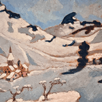 vintage French painting, alpine landscape, snow mountain, vintage oil painting, antique oil painting, rustic French decor, framed wall art, The Old and New Company, ski chalet decor