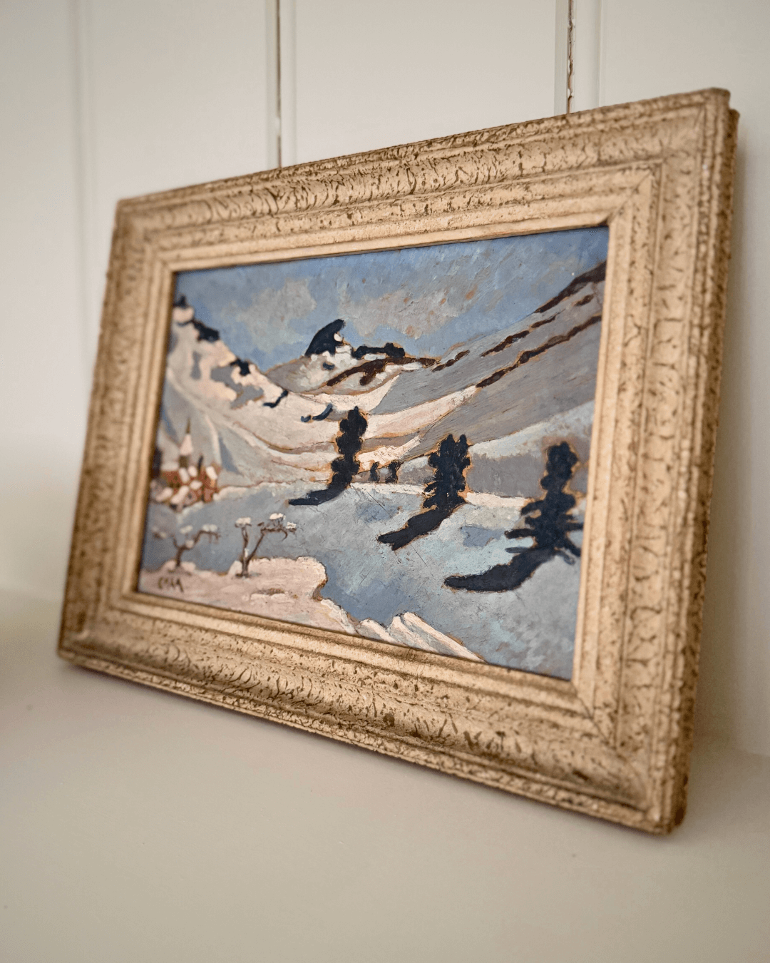 vintage French painting, alpine landscape, snow mountain, vintage oil painting, antique oil painting, rustic French decor, framed wall art, The Old and New Company, ski chalet decor