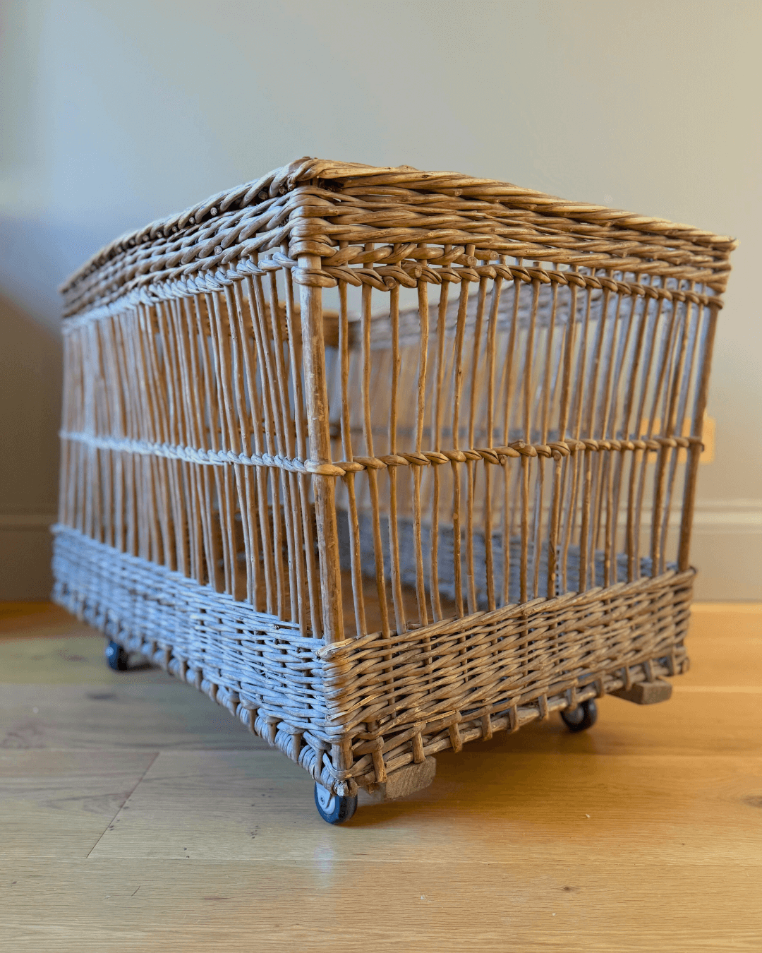 decorative antiques, antique basket, basket on wheels, antique shops, vinterior, french basket, firewood basket, storage basket, large basket