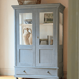 Antique victorian display cabinet with glazed glass doors and soft blue painted finish. Ideal as a linen, pantry or decorative display cupboard.