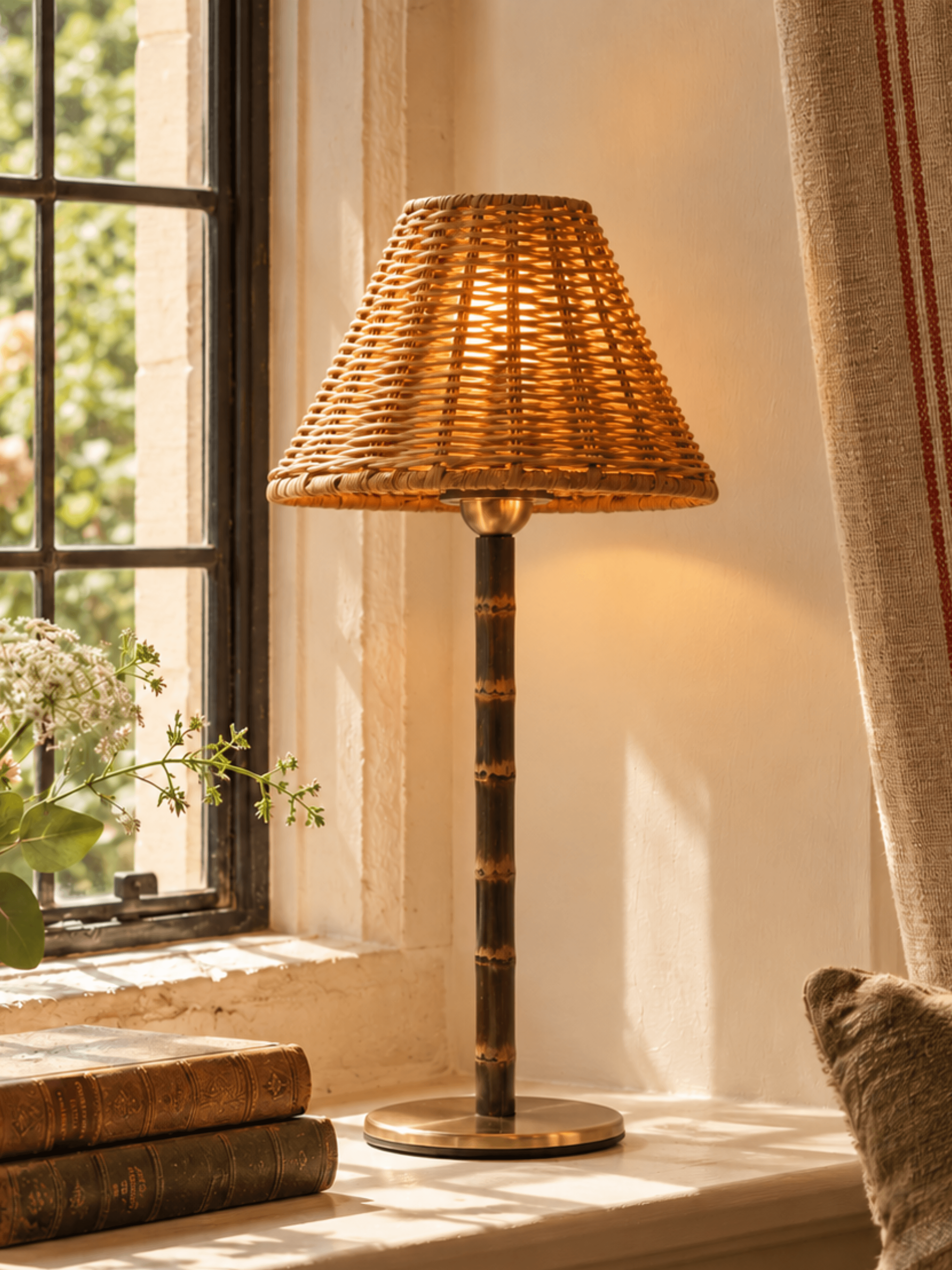The Raffles bamboo rechargeable lamp switched on at a cottage window, its wicker shade glowing warm over a bamboo stem and brass base