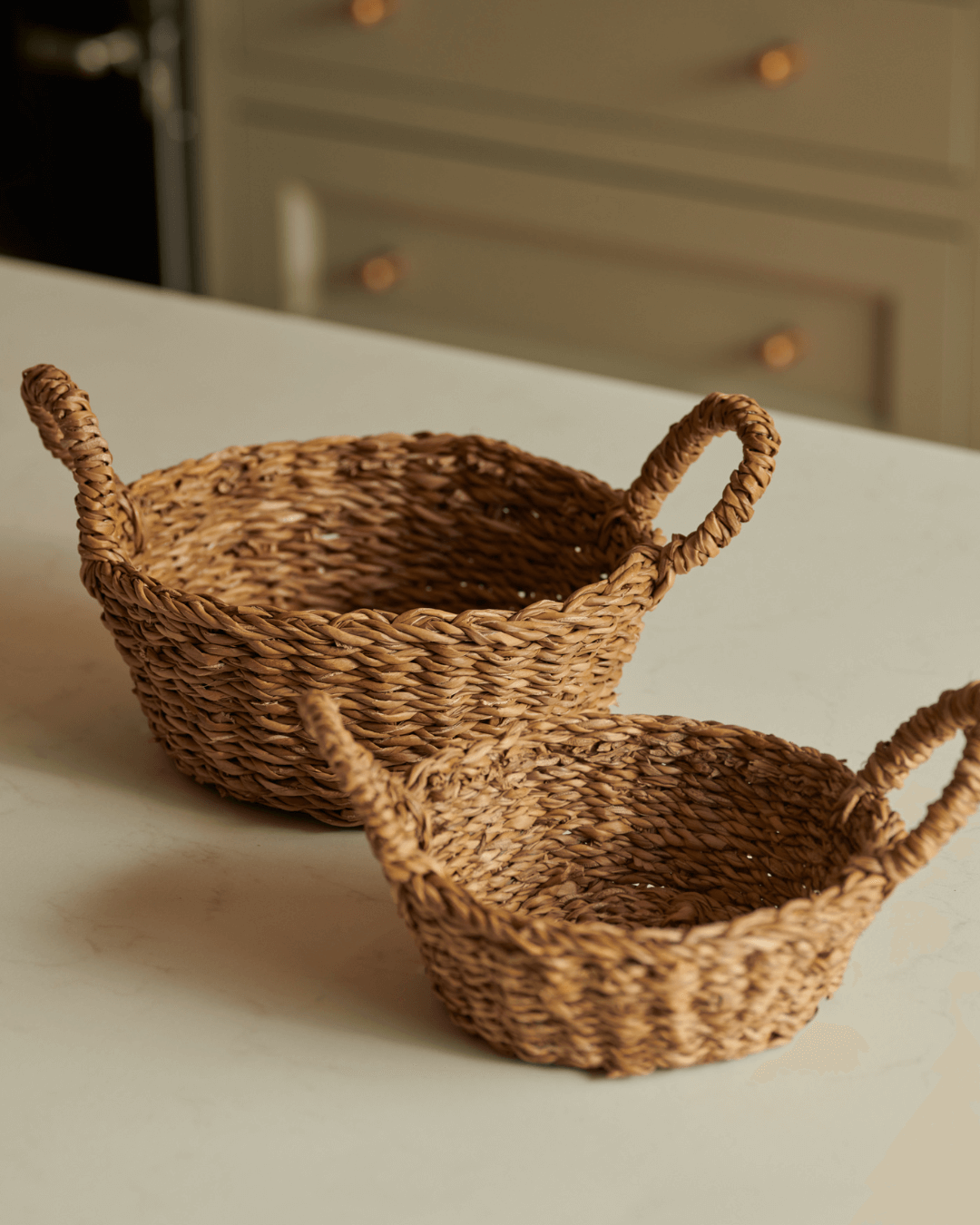 Set of Two Round Hogla Bowl Baskets with Handles, easter basket, trinket basket, seagrass basket