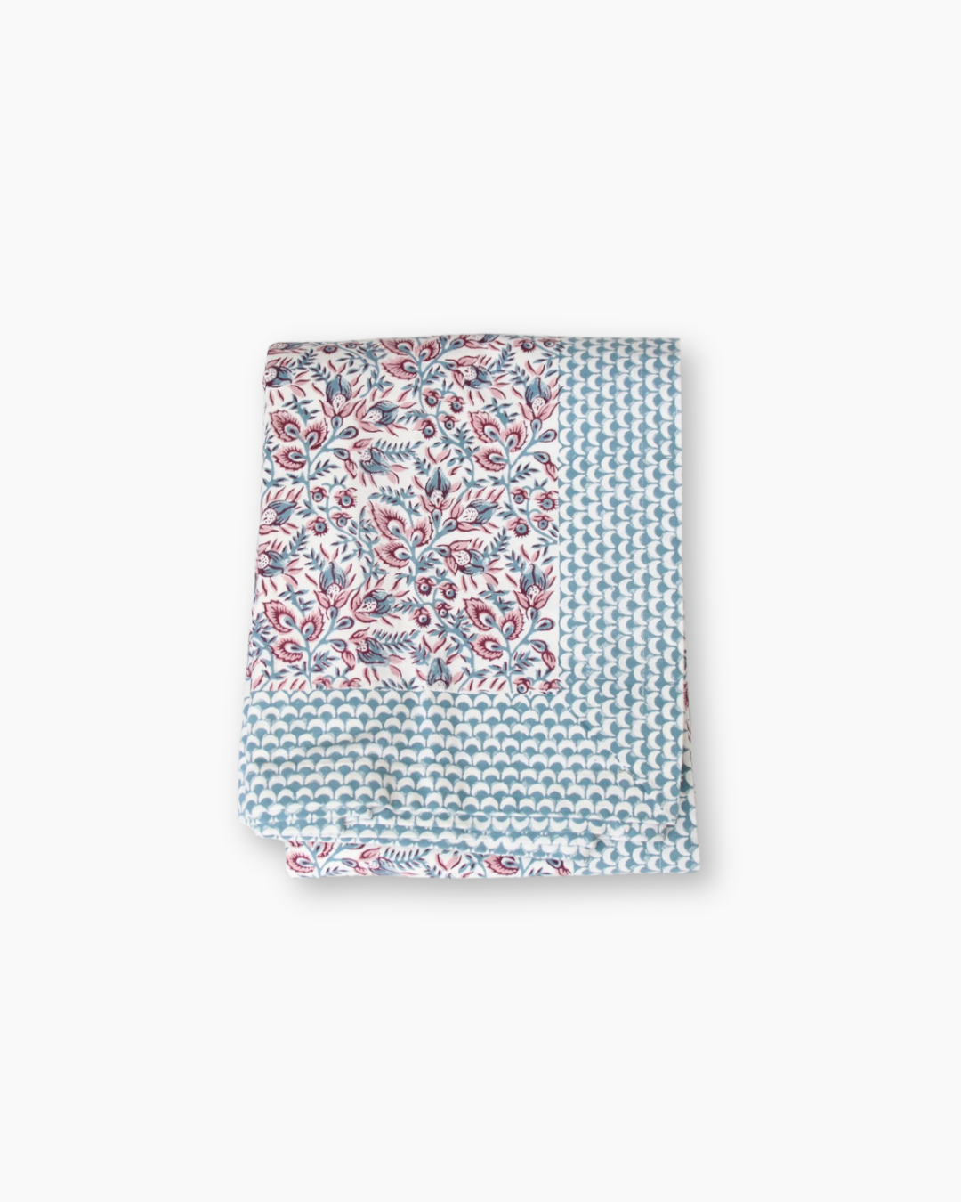 pink and blue hand block printed tablecloth with floral design