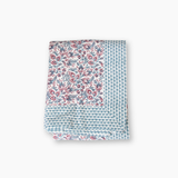 pink and blue hand block printed tablecloth with floral design