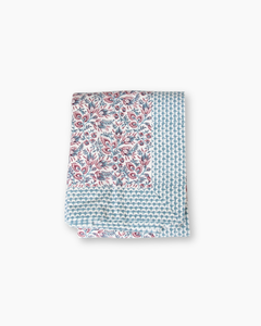 pink and blue hand block printed tablecloth with floral design
