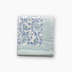 blue and white hand blocked tablecloth with green stripe border fair trade cotton 