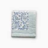 blue and white hand blocked tablecloth with green stripe border fair trade cotton 