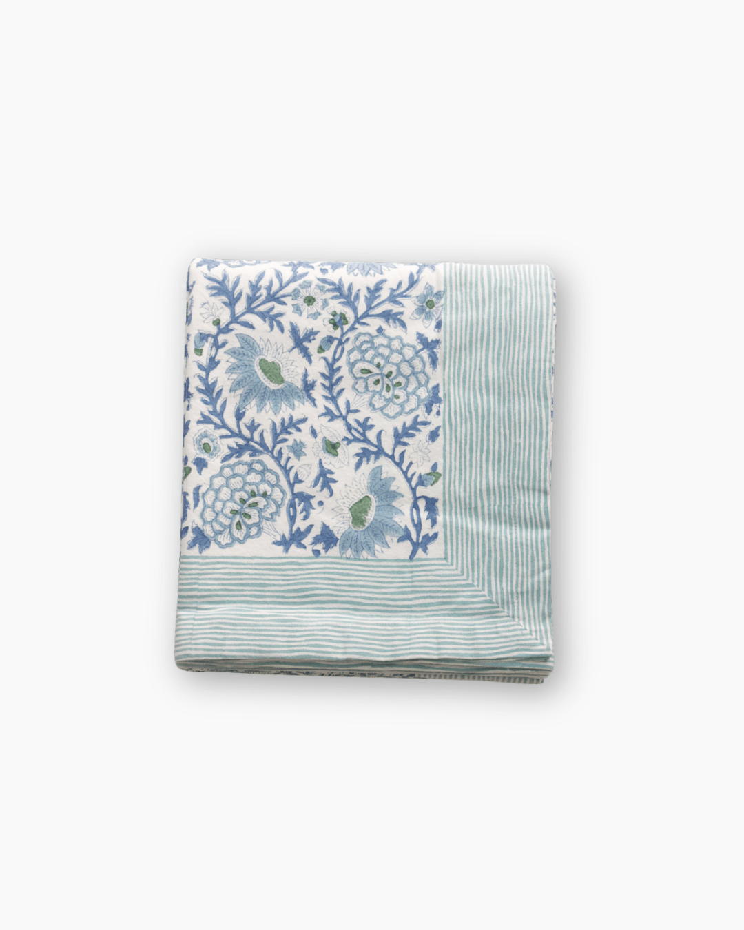 blue and white hand blocked tablecloth with green stripe border fair trade cotton 