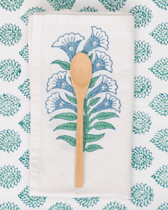 blue and white block print napkin and tablecloth