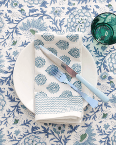 blue and white table linen in block print patterns