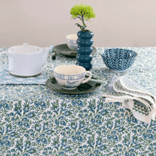 Load image into Gallery viewer, Cranberry Blue Hand Blocked Tablecloth
