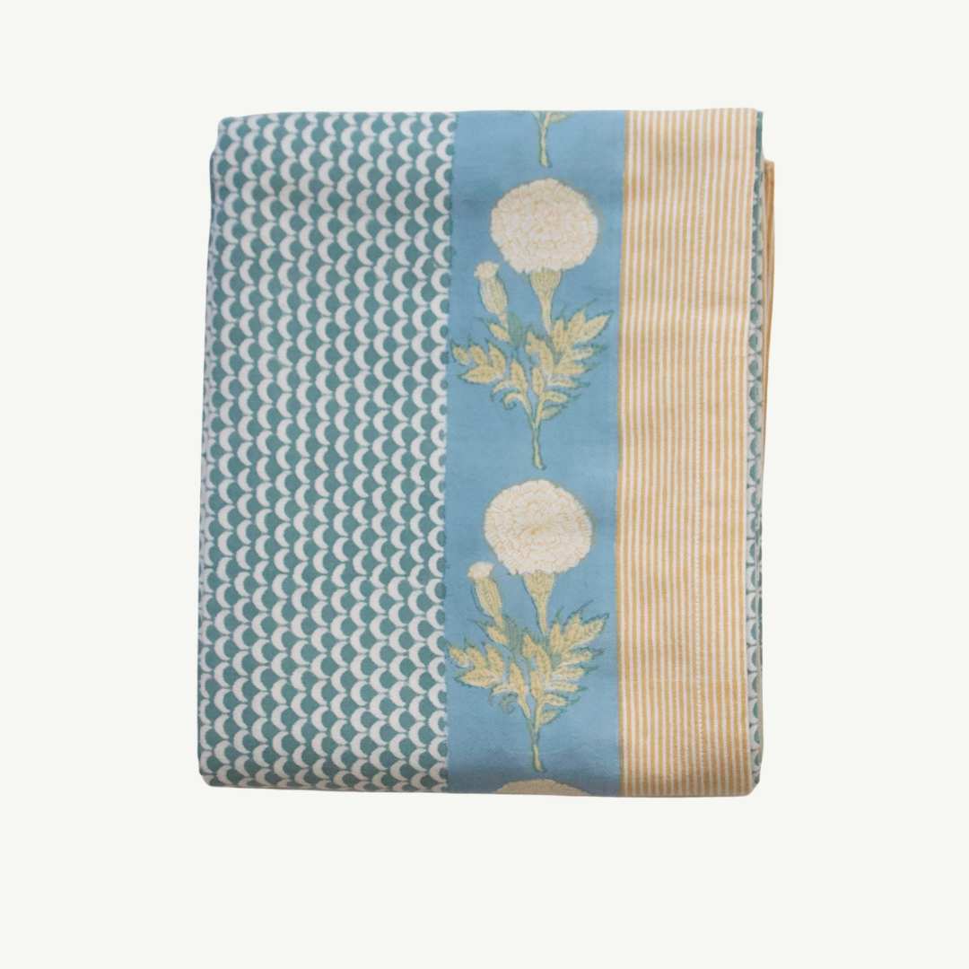 blue tablecloth, oka, hand blocked tablecloth, rozablue, mrs alice, rebecca udell, block print, maison margaux, glassette