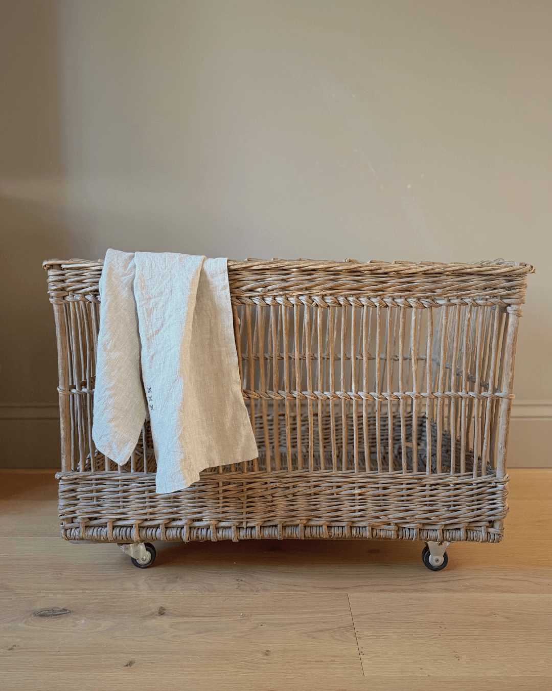 decorative antiques, antique basket, basket on wheels, antique shops, vinterior, french basket, firewood basket, storage basket, large basket