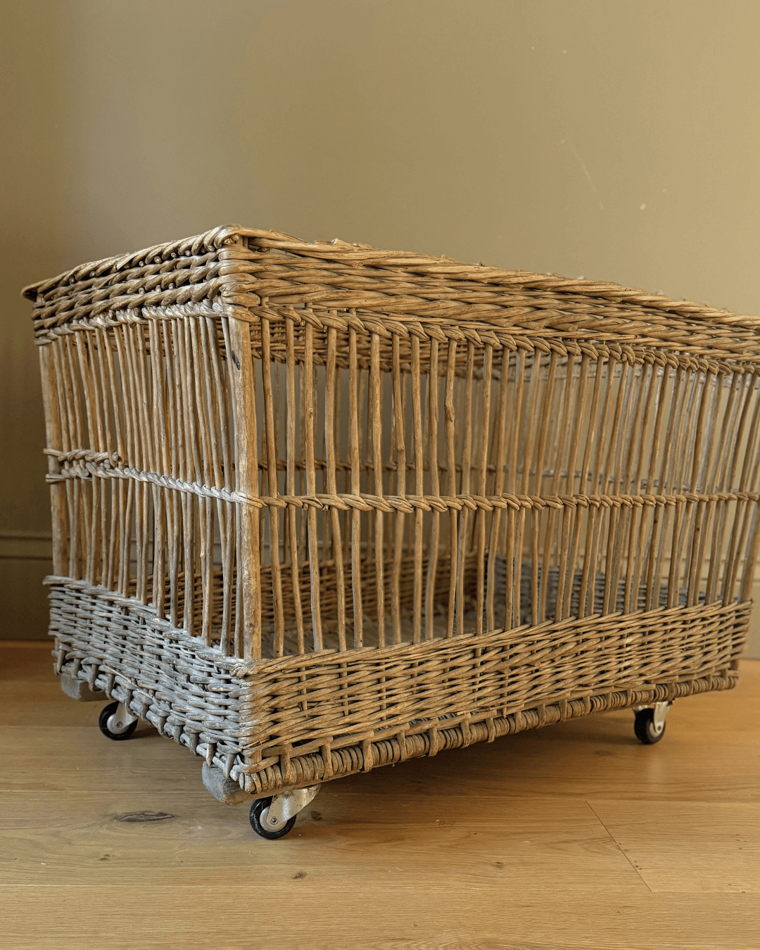 decorative antiques, antique basket, basket on wheels, antique shops, vinterior, french basket, firewood basket, storage basket, large basket
