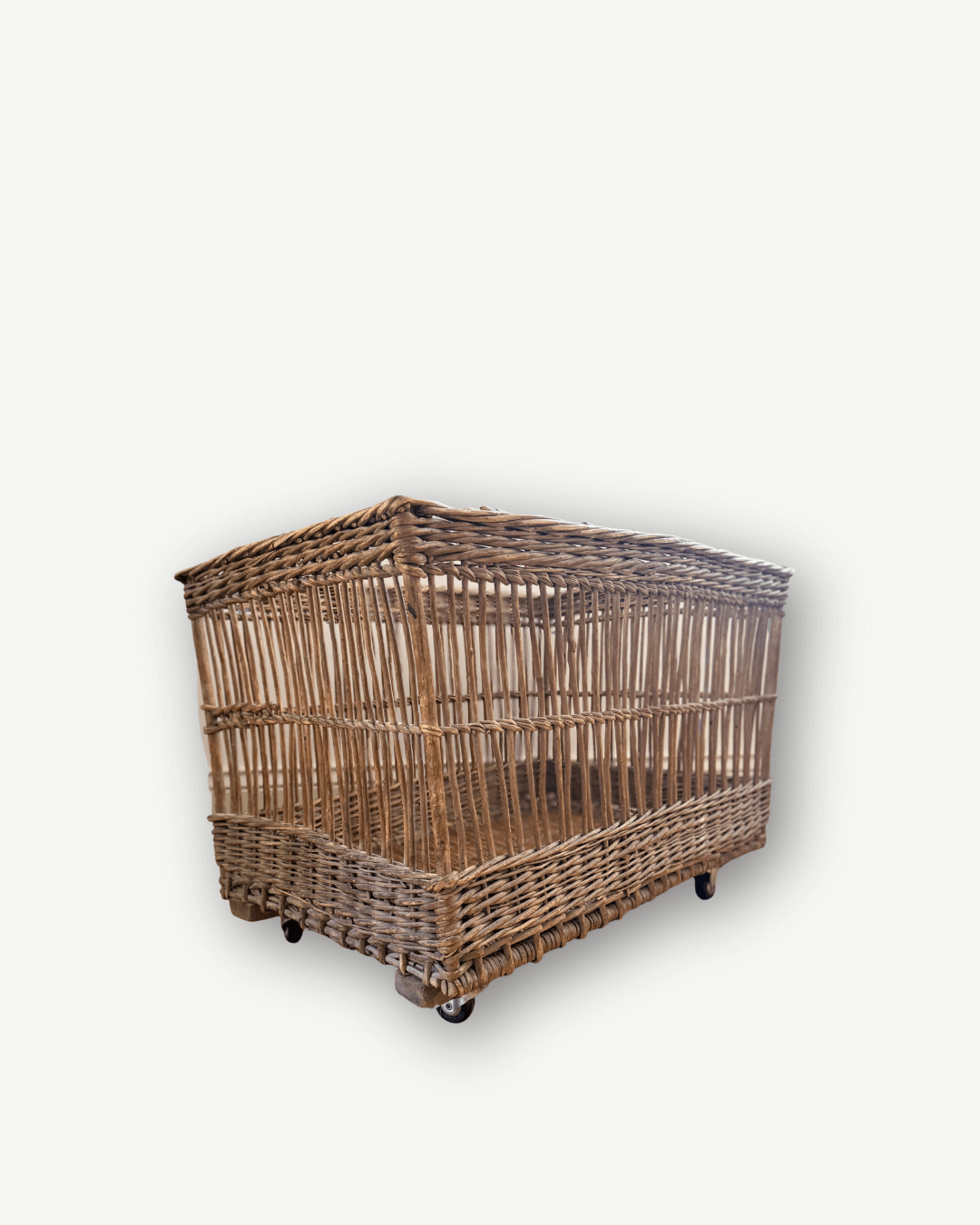 decorative antiques, antique basket, basket on wheels, antique shops, vinterior, french basket, firewood basket, storage basket, large basket