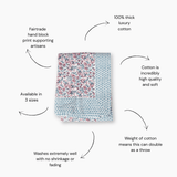 pink and blue hand block printed tablecloth with floral design