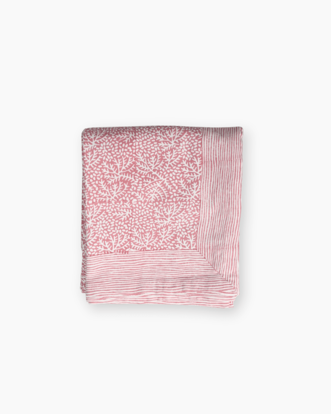 hand printed muted pink tablecloth foliage coastal pattern surrounded by a stripe border