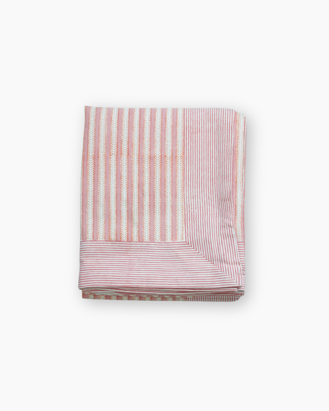 pink and white block print tablelcoth