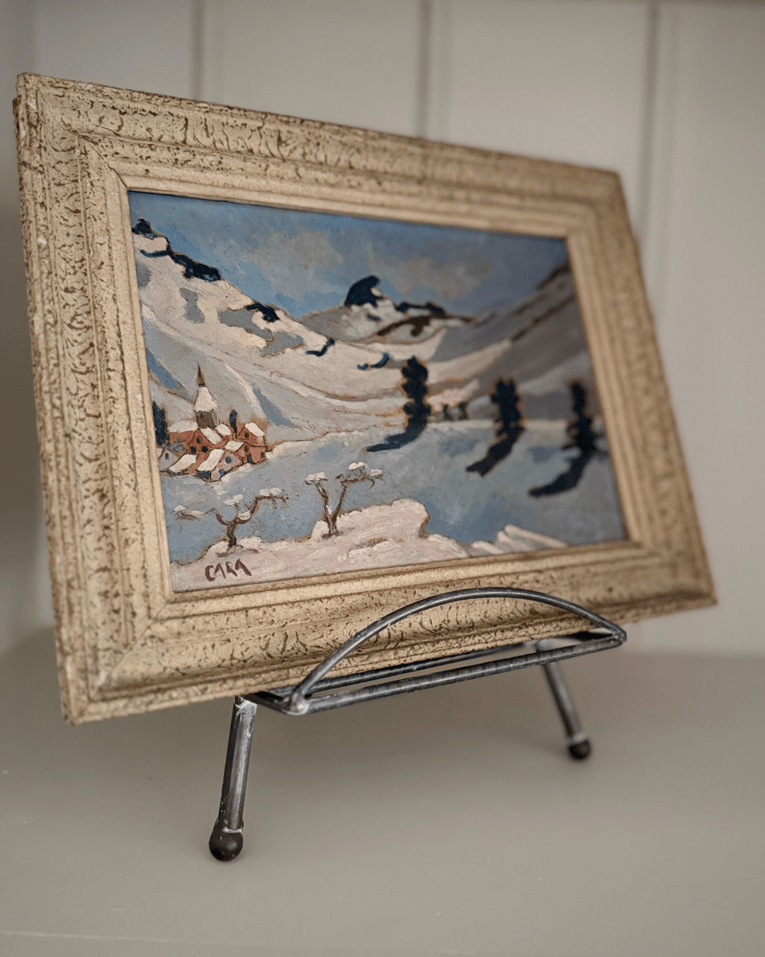 vintage French painting, alpine landscape, snow mountain, vintage oil painting, antique oil painting, rustic French decor, framed wall art, The Old and New Company, ski chalet decor