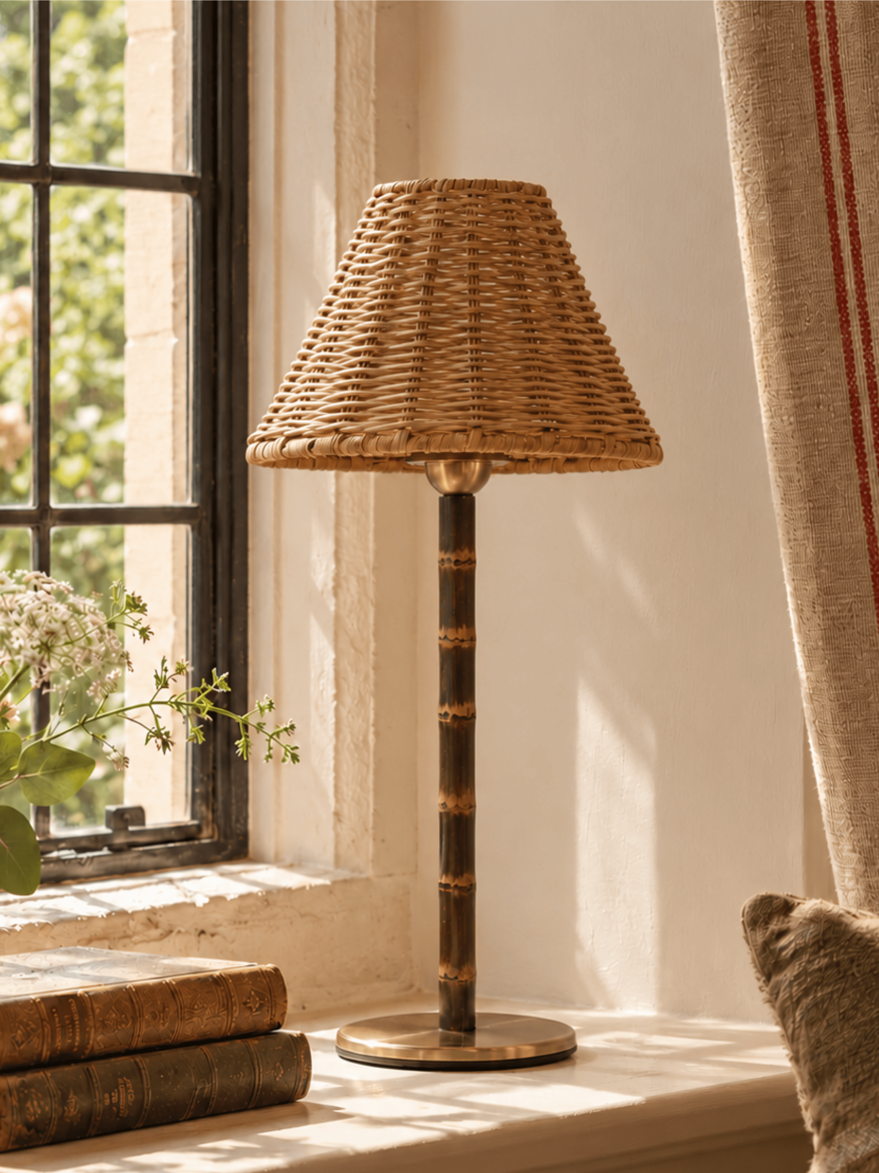 The Raffles bamboo cordless lamp on a sunlit windowsill, beside a pair of old leather bound books and a red striped curtain