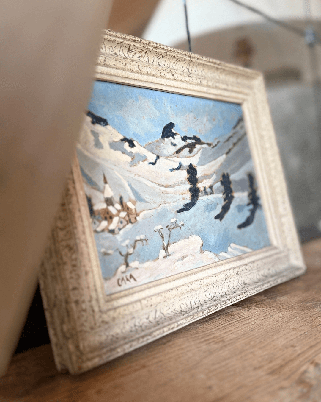 vintage French painting, alpine landscape, snow mountain, vintage oil painting, antique oil painting, rustic French decor, framed wall art, The Old and New Company, ski chalet decor, vinterior, decorative antiques