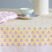Load image into Gallery viewer, easter tablecloth, block print tablecloth, yellow tablecloth, pink tablecloth, 
