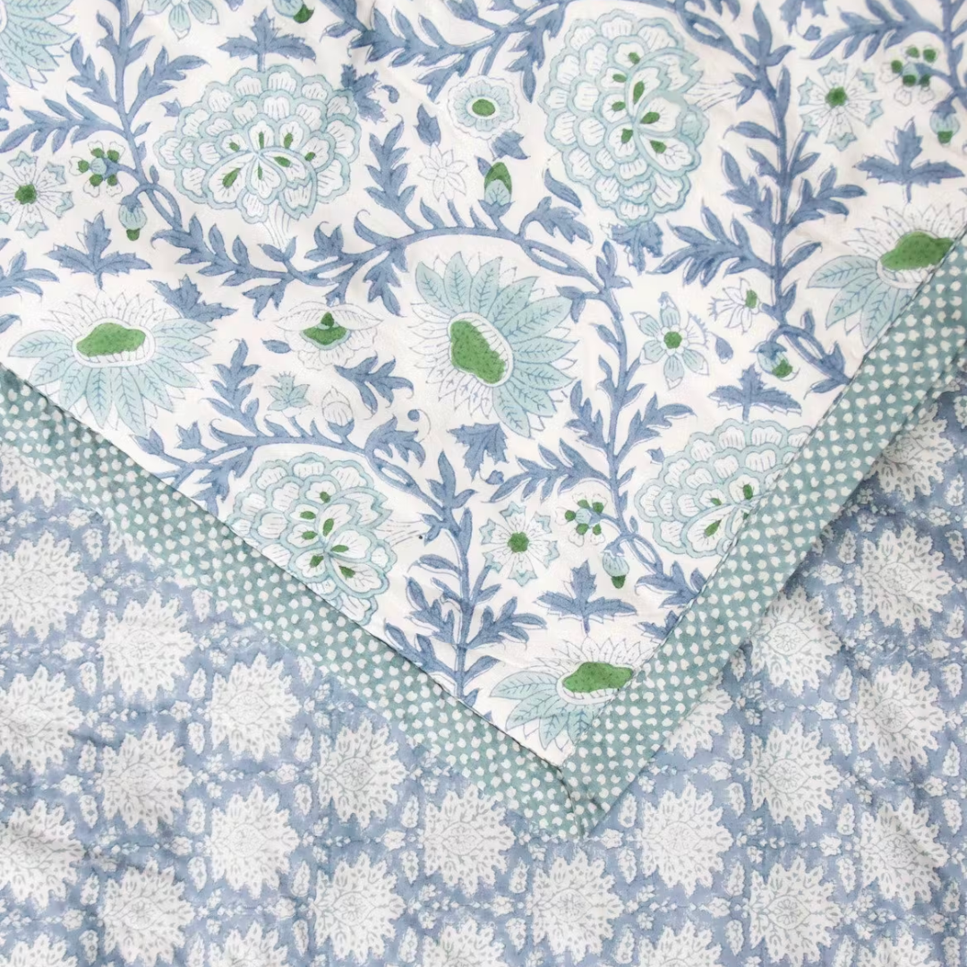 quilted bedspread, blue quilt, hand blocked quilt, oka, cotton quilted bedspread