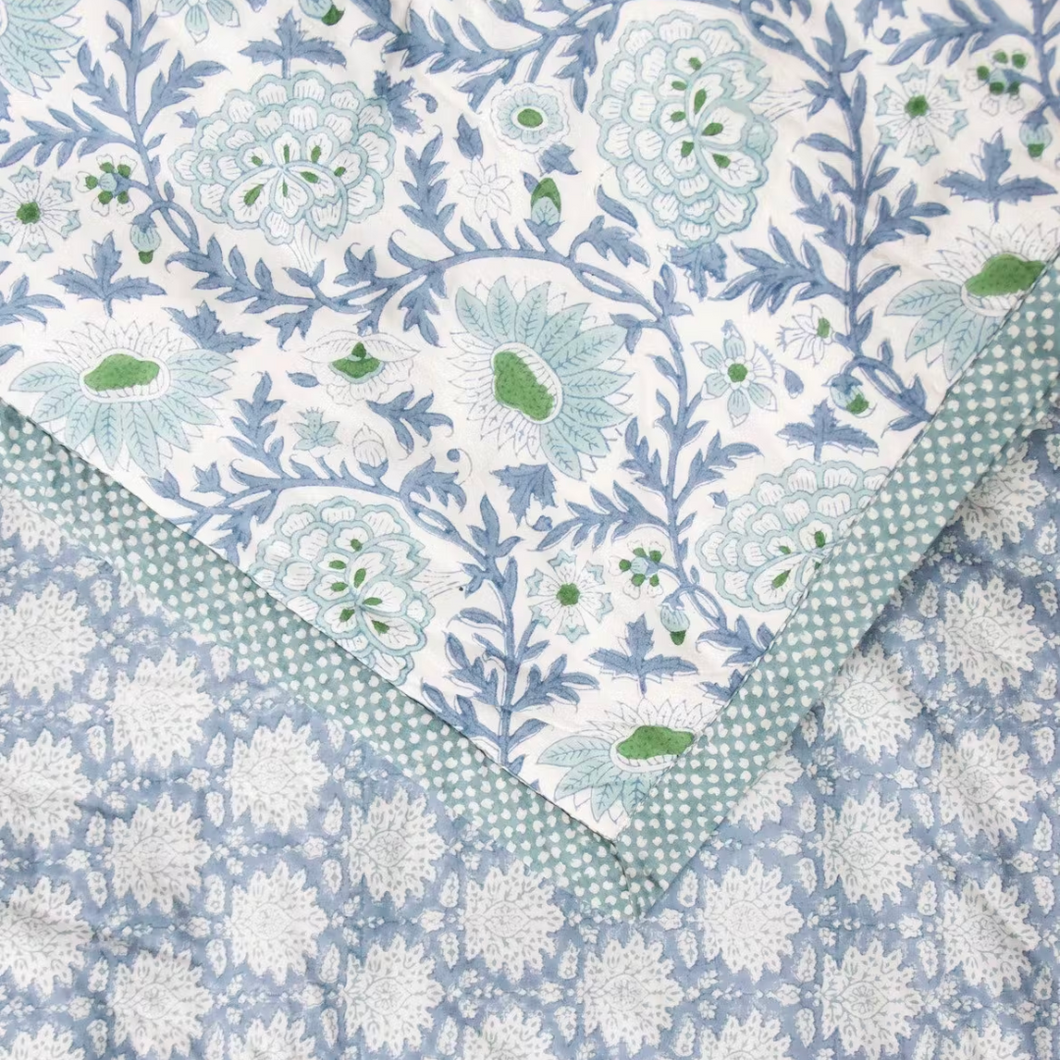 quilted bedspread, blue quilt, hand blocked quilt, oka, cotton quilted bedspread