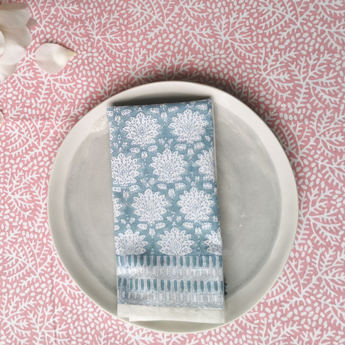 table cloth, block print tablecloth, napkins, hand printed, pink tablecloth