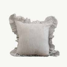 Load image into Gallery viewer, ticking striped frilled ruffled french linen cushion, ticking stripe cushion
