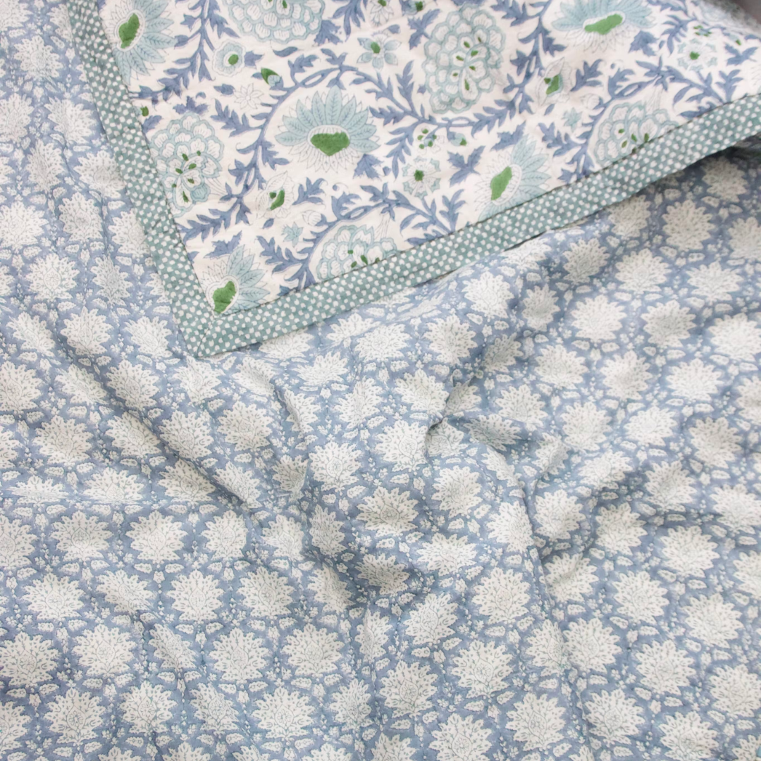 quilted bedspread, blue quilt, hand blocked quilt, oka