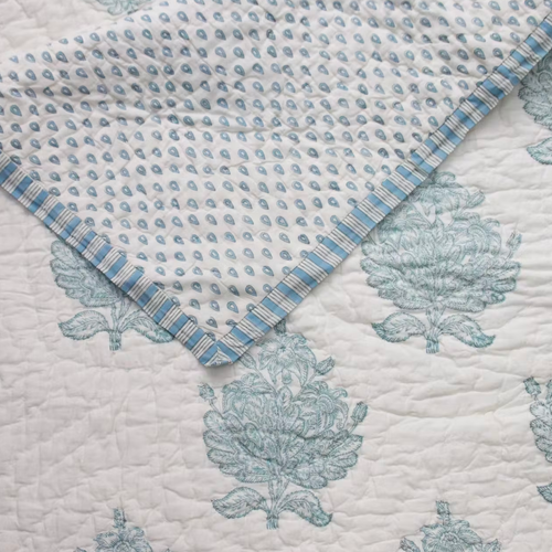 double sided quilt, white bedspread, blue bedspread, hand blocked quilt, oka, the curated store, cutter brooks, the old and new company