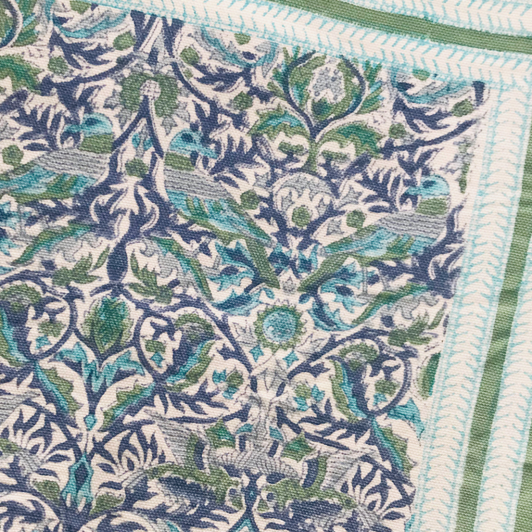 Blue Birds Hand Blocked Tablecloth | Blue and Green