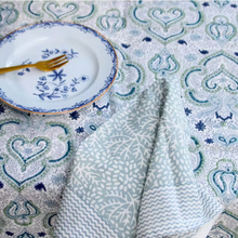 Load image into Gallery viewer, Marigold Hand Blocked Tablecloth | Blue and Green
